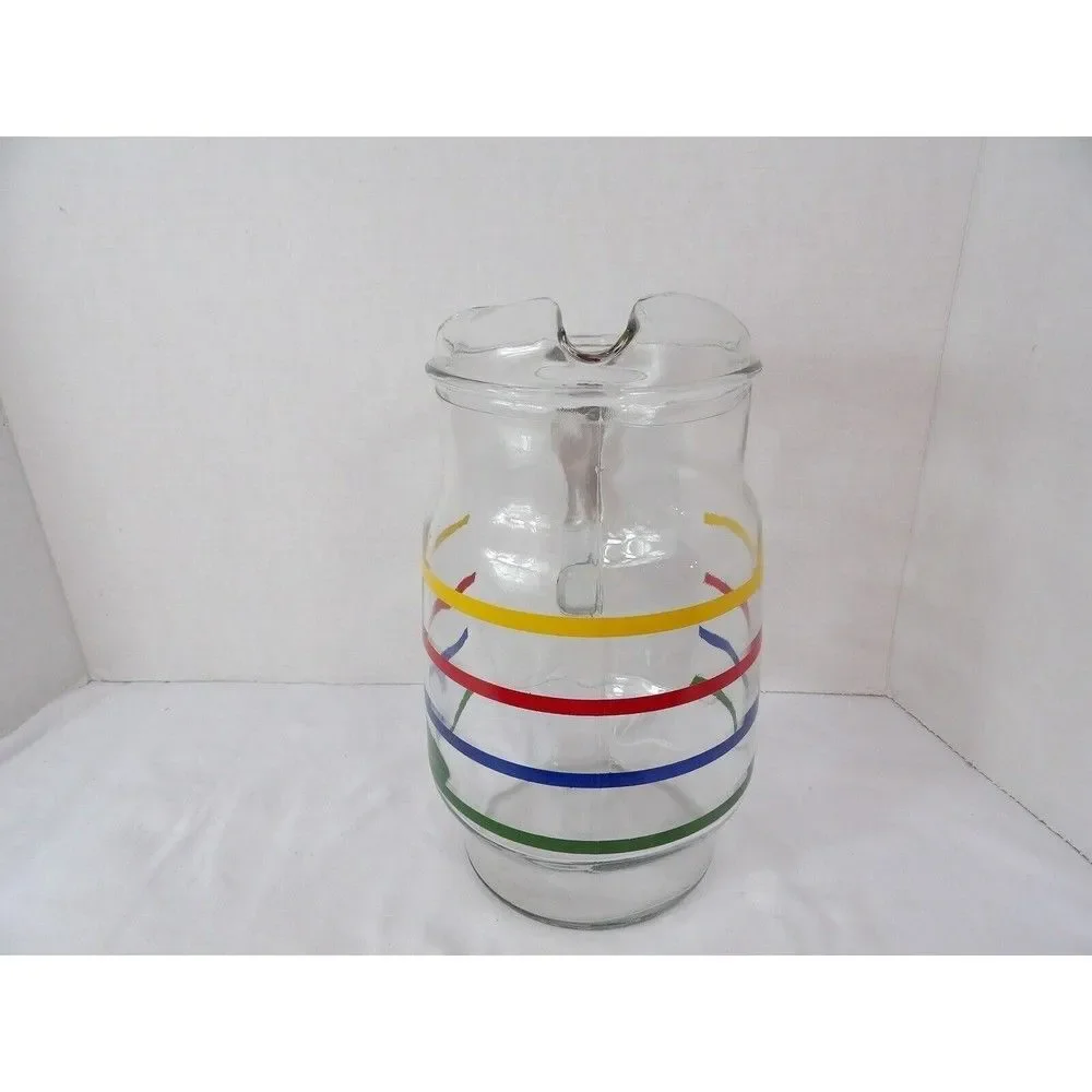 Pitcher Anchor Hocking Fiesta Glass Ice Lip Rainbow Colors Stripe 72 Oz Tea